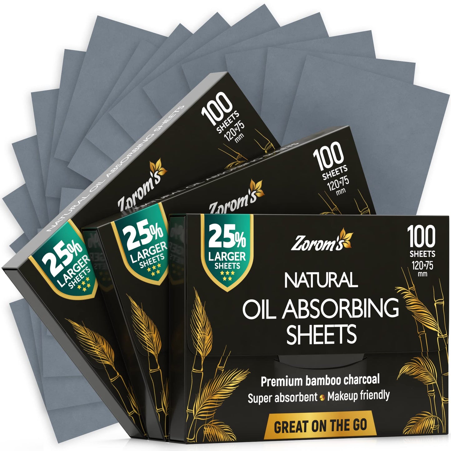 Natural Oil Blotting Sheets for Face with Bamboo Charcoal - 25% Larger - 3pk/300 Makeup Friendly Oil Absorbing Sheets for Face - Easy Dispensing Blotting Papers