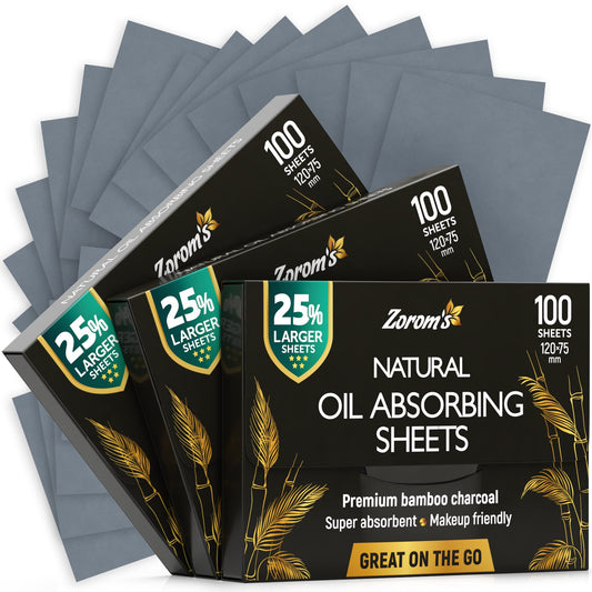 Natural Oil Blotting Sheets for Face with Bamboo Charcoal - 25% Larger - 3pk/300 Makeup Friendly Oil Absorbing Sheets for Face - Easy Dispensing Blotting Papers