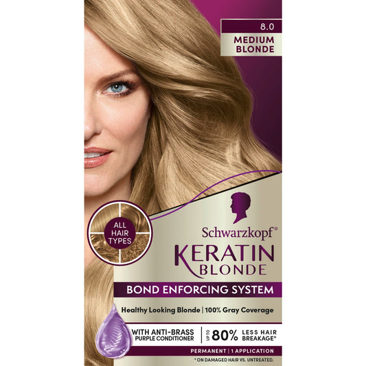 Schwarzkopf Keratin Color Permanent Hair Color, 8.0 Medium Blonde, 1 Application - Professionally Inspired Permanent Hair Dye