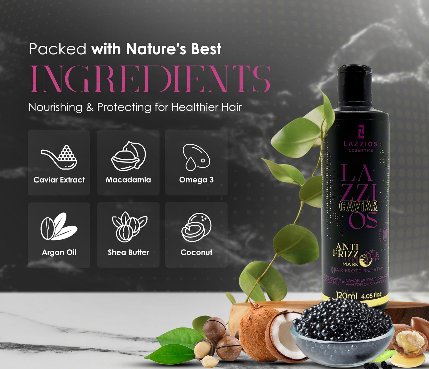 Lazzios Caviar Organic Hair Protein – Brazilian Straightening Treatment – Formaldehyde-Free, Anti-Frizz Hair Organic Formula with Hyaluronic Acid, Hydrolyzed Keratin, Caviar Extract – (120ml)
