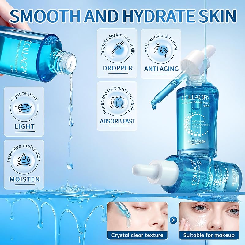 Collagen Skincare 7-Piece Set for Women – Cleanser, Toner, Serum, Eye Cream, Moisturizer & 2 Masks – Hydrating & Firming (Blue 1 Count)