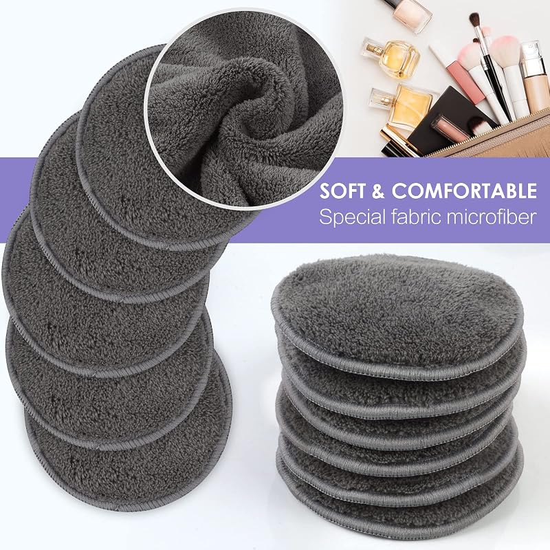 Sunland Reusable Makeup Remover Pads 3.15 Inch Round, 32 Pack with Travel & Laundry Bags - Grey