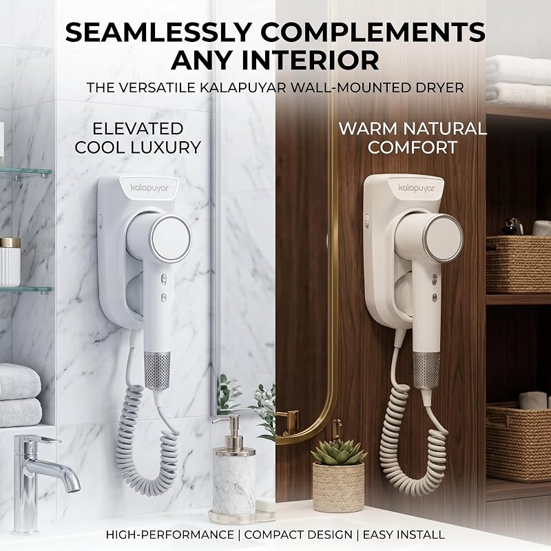 Wall-Mounted 1600W Hair Dryer with Negative Ionic Tech & Night Light