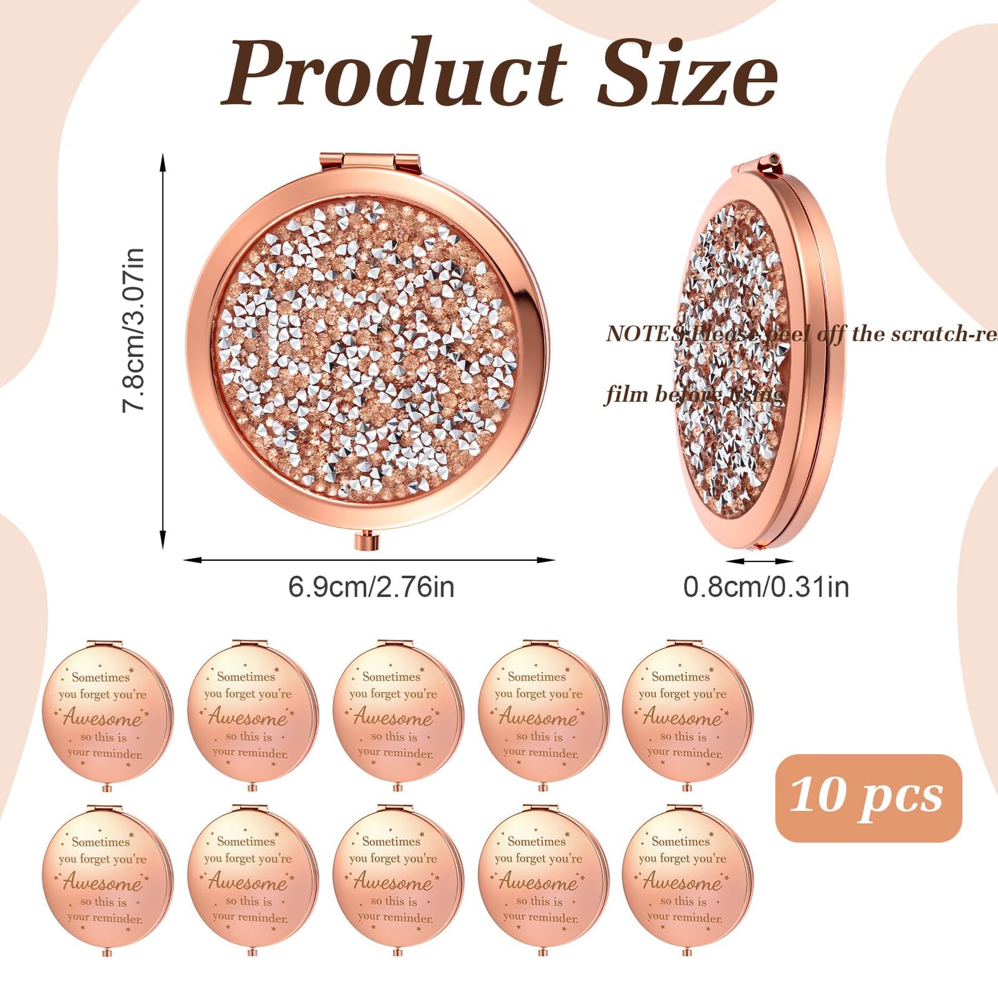 Limbeuuu 10 Pcs Inspirational Compact Mirror Sometimes You Forget You're Awesome Appreciation Gifts for Women Mother's Day Party Favors Magnifying Pocket Mirror (Rose Gold)