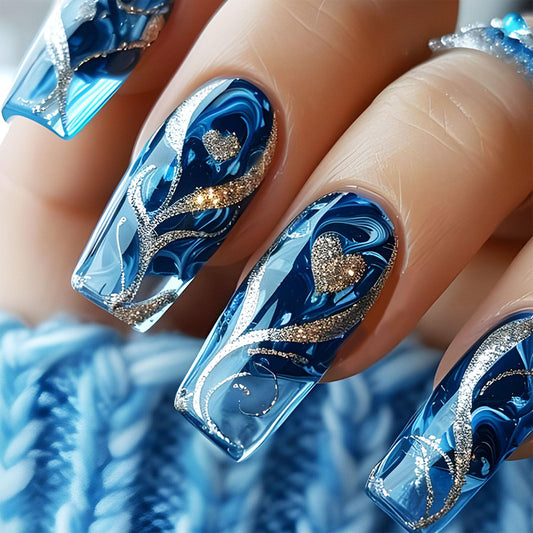 24Pcs Gold Curve Line Press on Nails Sea Acrylic Fake Nail Glossy Blue Gradient Medium Square False Nails Love Heart Stick on Fingernails Seaweed Gel Glue on Nail for Coquette Women Girls