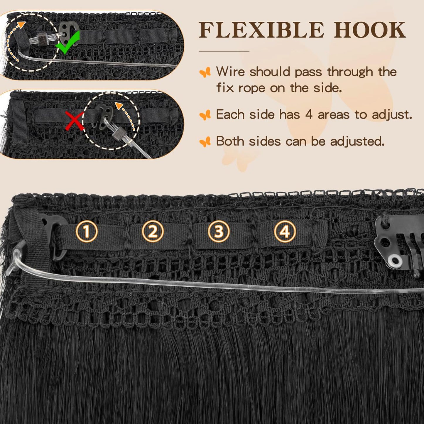 Doupor Invisible Halo Wire Human Hair Extensions 16inch/80g Natural Black Halo Hair Extensions Real Human Hair Adjustable Fish Line Secret With Clips in Remy Human Hair For Women