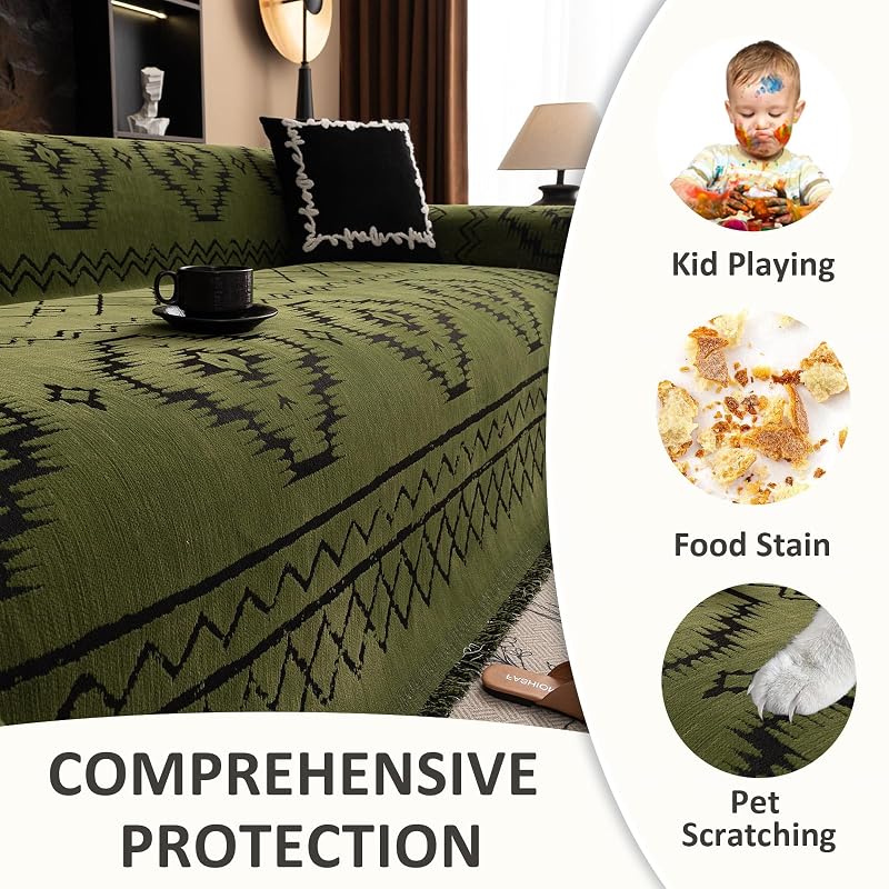 Bohemian Green Couch Cover for 3 Cushion Sofa, Non-Slip Chenille Protector 71"x150" - 3-4 Seater, 71x150, Variation: Boho:green+71" X 150"