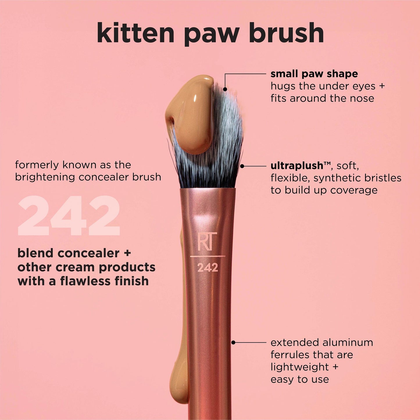 Real Techniques Brightening Concealer Makeup Brush, Viral Kitten Paw Brush Conceals Under Eyes, & Imperfections, Cover Dark Circles, For Brightener & Concealer, RT 242 Brush, Cruelty-Free, 1 Count