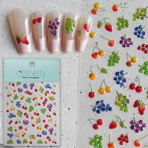 CESTSIREN Cute Fruit Nail Art Stickers, Embossed Cherry Grape Nail Decals, Nail Art Design, Self-Adhesive, Nail Accessories for Women, Nail Art Supplies