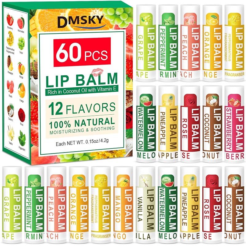 DMSKY 60 Pack Lip Balm Bulk - 12 Flavors Moisturizing Hydrating Gift Set, Scented Lip Care