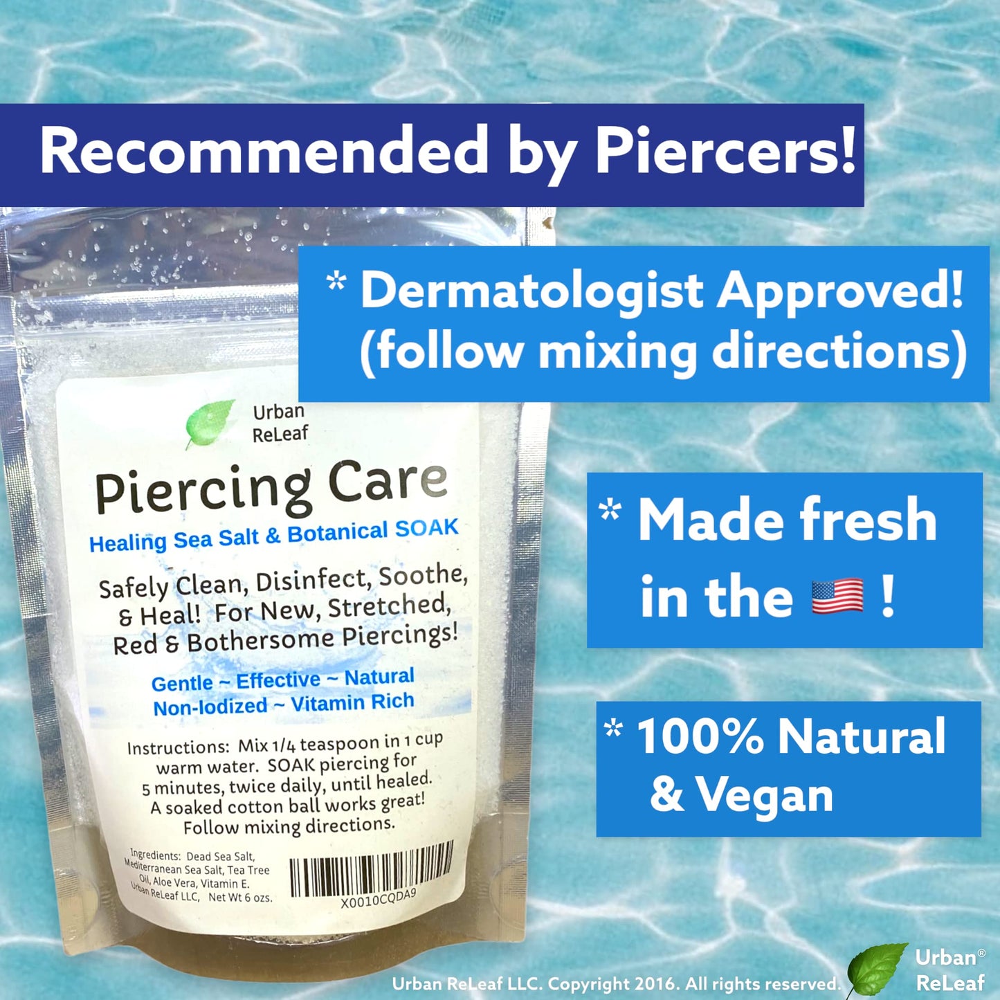 Urban ReLeaf Piercing Care 6 oz. Bag, Soothing Sea Salt & Botanical SOAK. Aftercare Solution Concentrate, Makes 90 Cups.