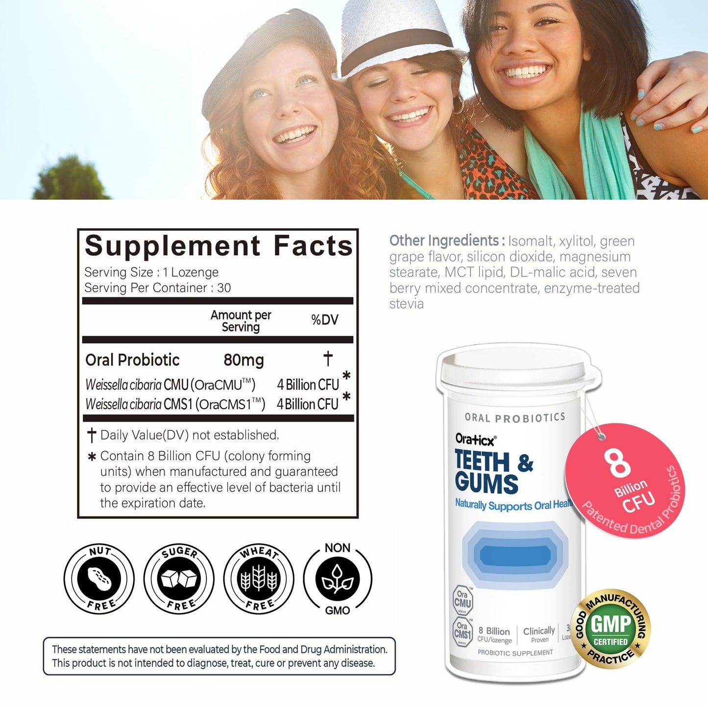 OraTicx Teeth & Gums Dental Probiotic, 8 Billion CFU - Naturally Supports Oral Health, Fresh Breath, and Immunity, Oral Probiotic Supplement, Grape Flavor 30 Lozenges 1-PK