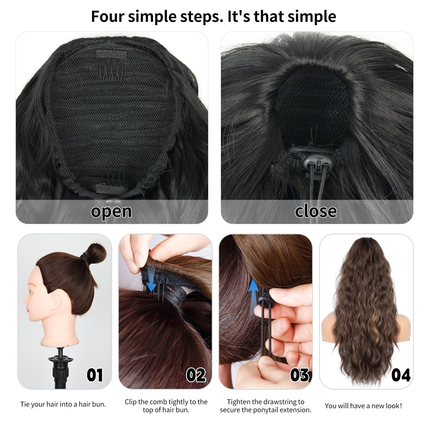 26 inch Black Ponytail Extension, Drawstring Ponytail for Women, Long Wavy Pony Tails Hair Extensions, Synthetic Hair Extensions Ponytail for Daily Use (Color: Black)