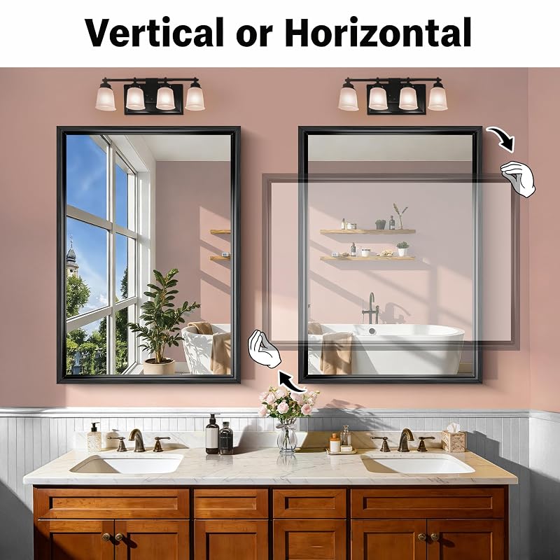 Circumi 30x42 Inch Brushed Black Rectangle Wall Mirror – Chunky Frame, Shatterproof Glass
