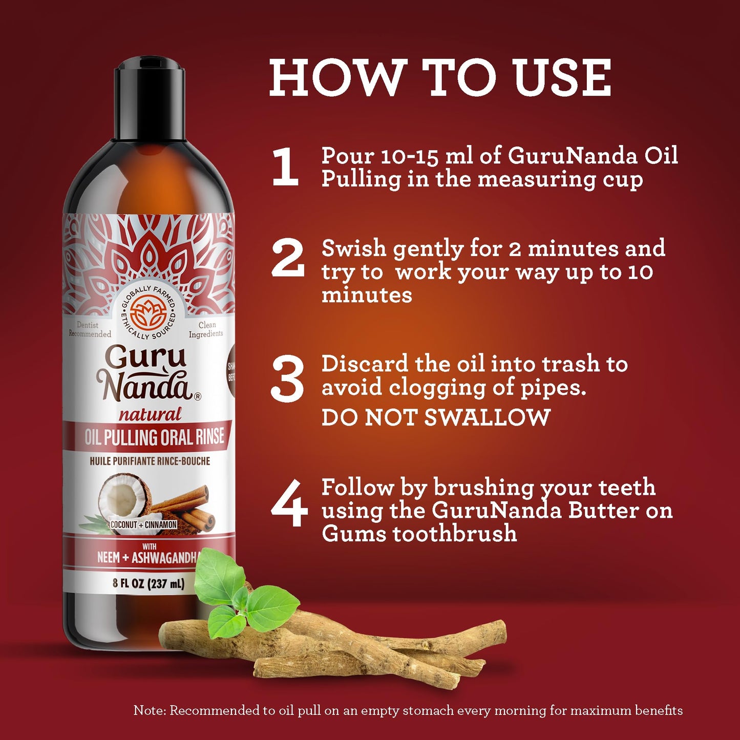 GuruNanda Ashwagandha Oil Pulling Mouthwash, Promotes Calmness, With Neem & Roman Chamomile for Fresh Breath & Happy Gums, Alcohol-Free, With Toothbrush & Tongue Scraper, 8 Oz