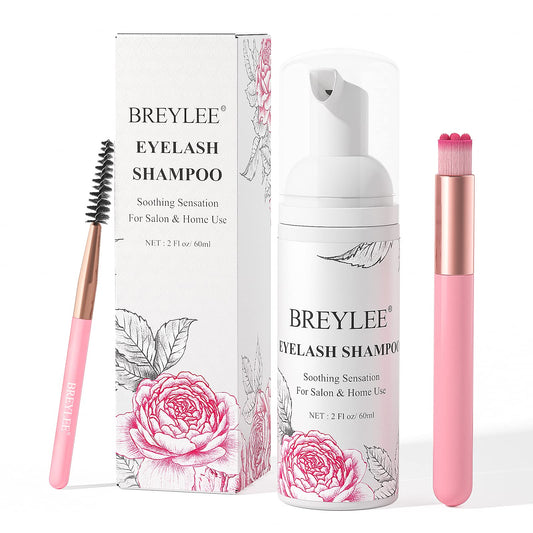 BREYLEE Eyelash Cleanser, Shampoo Foam & Brushes Eyelid Cleanser for Makeup Remover Paraben & Sulfate Free for Salon and Home Use(60ml, 2 fl oz)