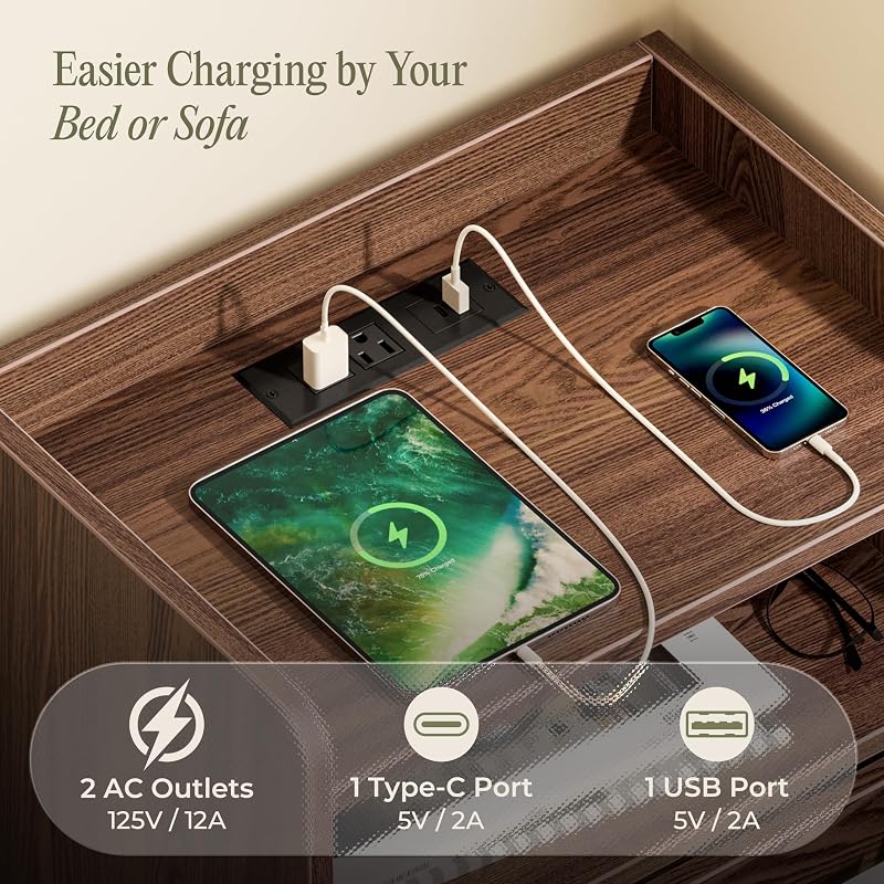 Huuger Walnut Nightstand with Charging Station - USB-C, USB-A & 2 AC Outlets (Variation: Walnut+1)