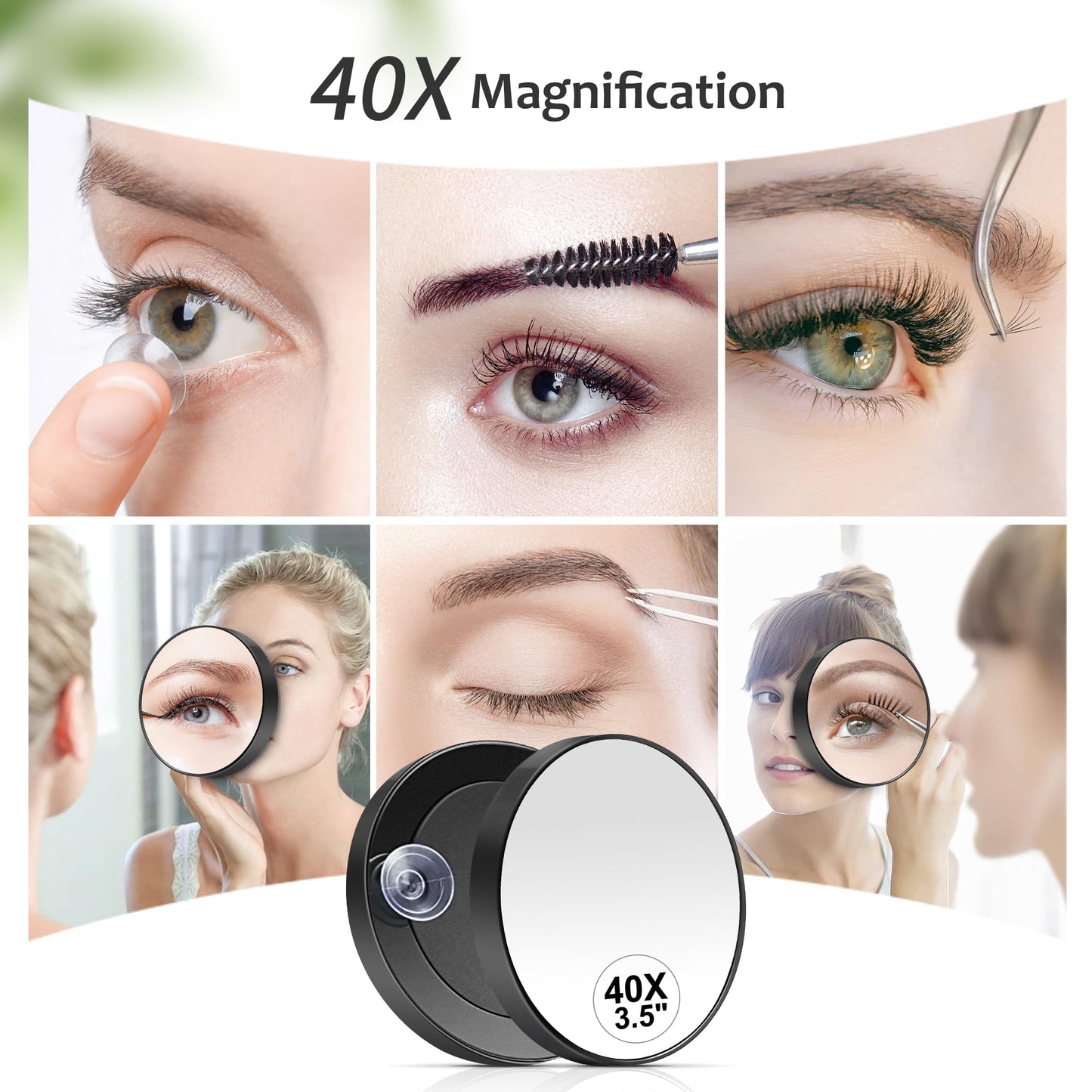MIYADIVA 40X Magnifying Mirror, 3.5 Inch Round Compact Mirror with Suction Cup, Stainless Steel Tweezers, Perfect for Makeup, Eyebrows, Beards, Travel