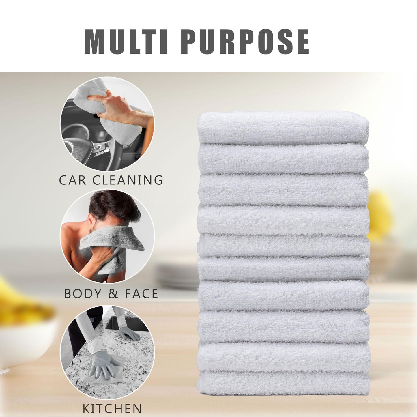 Textila Terry Wash Cloths – Pack of 10, White, 12x12 Inches – Soft, Absorbent & Multipurpose Cotton Washcloths for Face, Hand, Bath, Kitchen, Spa, Gym & Hotel Use
