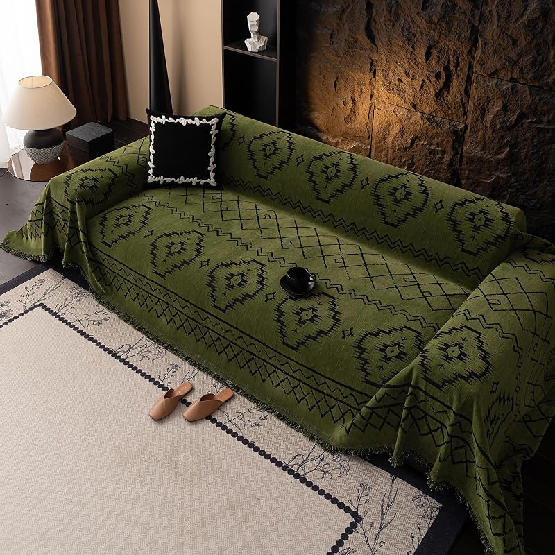 Bohemian Green Couch Cover for 3 Cushion Sofa, Non-Slip Chenille Protector 71"x150" - 3-4 Seater, 71x150, Variation: Boho:green+71" X 150"