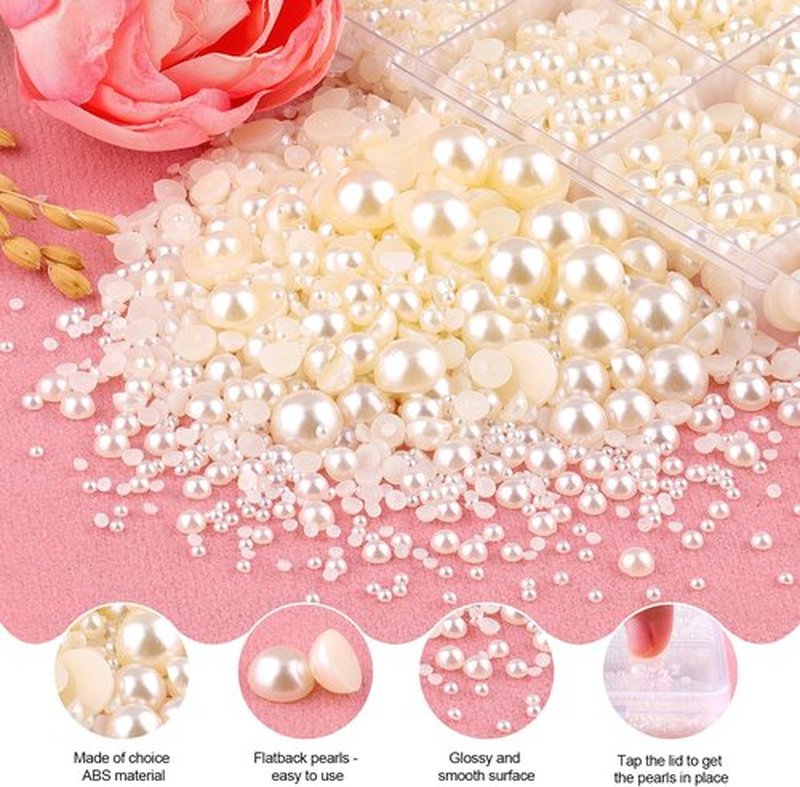 13000Pcs Flatback Pearls for Crafting (White), Assorted Size 2/3/4/5/6/8/10mm Half Pearl with 3Pcs 10ml B7000 Jewelry Glue, Bedazzling Bead for DIY Crafts Clothing Tumbler Shoes Embellishment Nail Art
