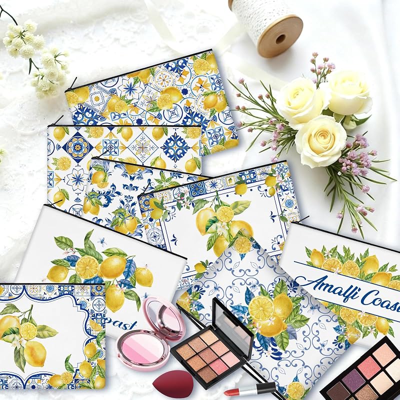 30 Pcs Amalfi Coast Makeup Bags - Lemon Porcelain Canvas Zipper Pouches Set