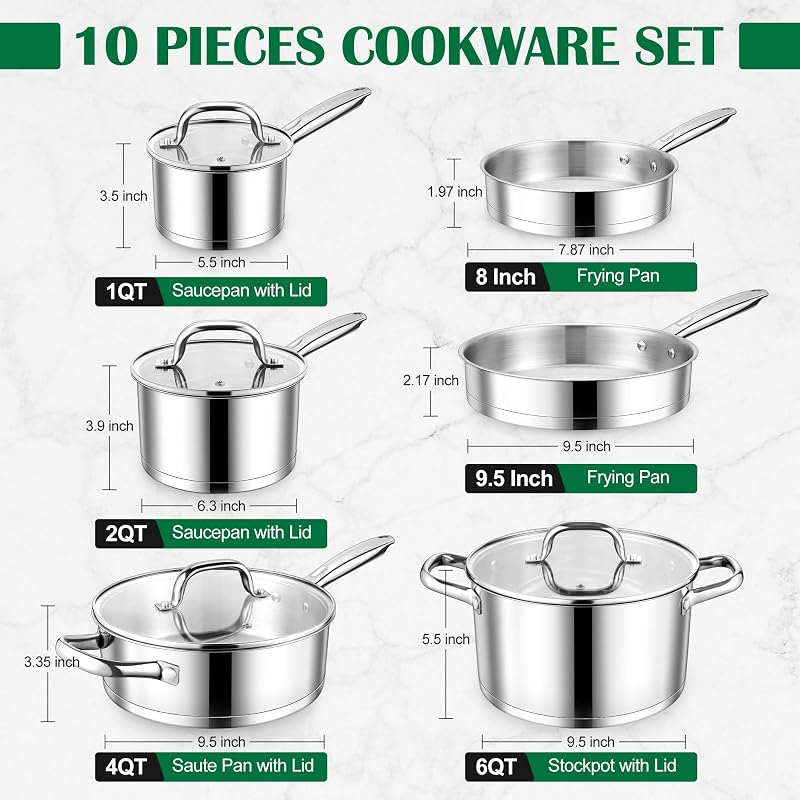 Stainless Steel 10-Piece Cookware Set - Induction Ready Pots & Pans, Oven Safe to 500°F