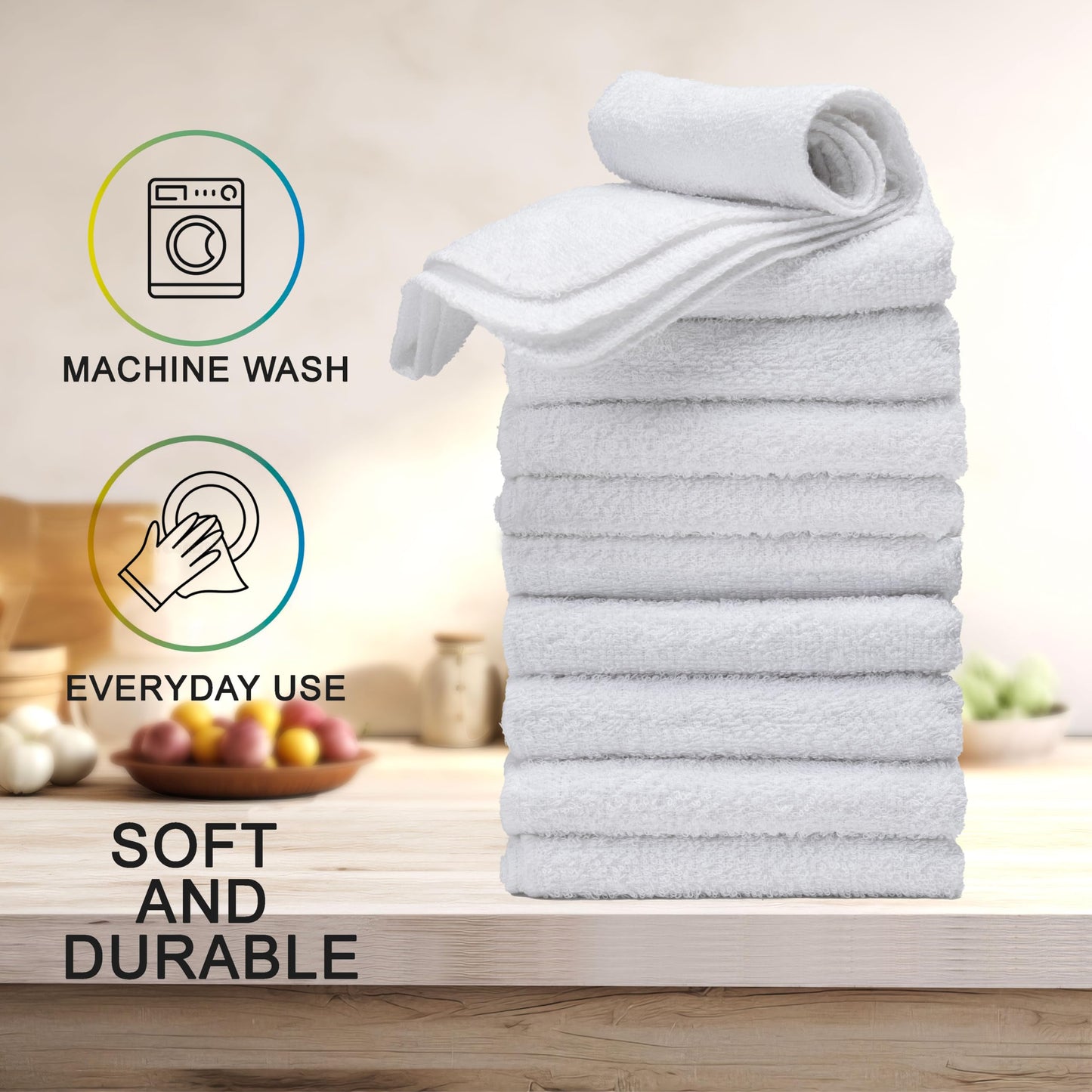 Textila Terry Wash Cloths – Pack of 10, White, 12x12 Inches – Soft, Absorbent & Multipurpose Cotton Washcloths for Face, Hand, Bath, Kitchen, Spa, Gym & Hotel Use