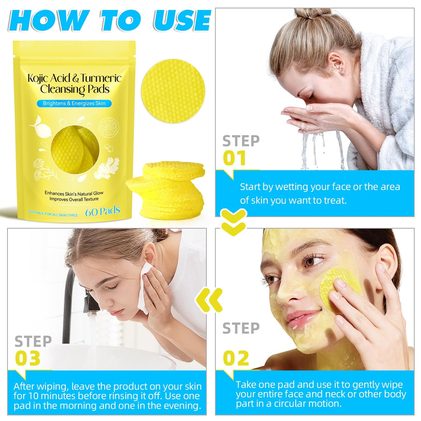 Kojic Acid Turmeric Cleansing Pads, Face Turmeric & Kojic Acid Pads for Dark Spots, Glow Up Acne Scars, Unclog Pores, Enriched Vitamin C,Gentle & Non-Irritating