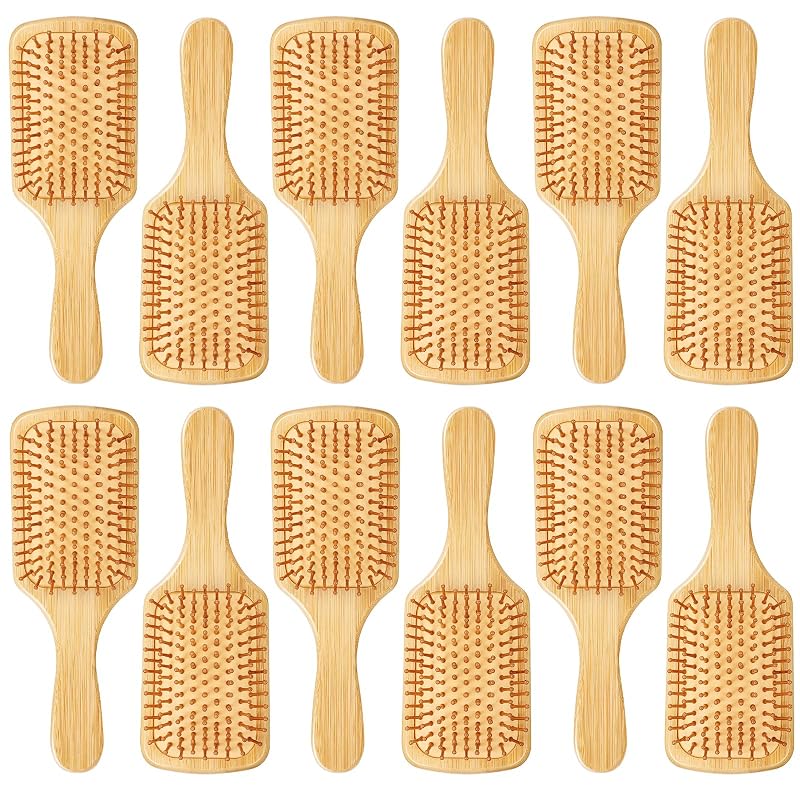 Molain 12 Pcs Bamboo Hair Brush Set - Square Variation Wooden Paddle Bristles Round-Tipped