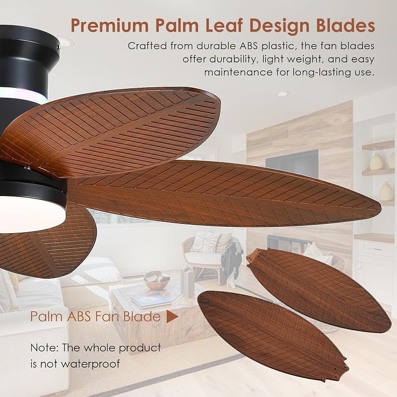 Brown Palm Leaf 46in Ceiling Fan with Lights, RGB Side Light, 6-Speed DC Motor, Remote & 3CCT Dimmable LED, Quiet Flush Mount - Variation: Brown-Palm Leaf+46in