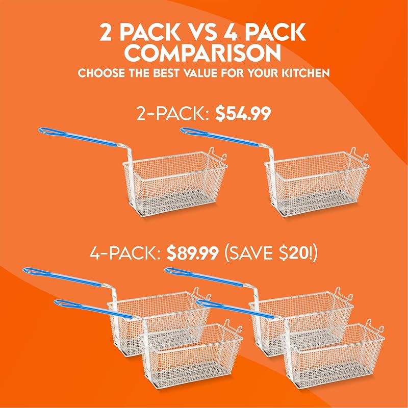 Commercial Deep Fryer Basket 4-Pack with Long Handle - 13.25 x 6.5 x 5.9 in