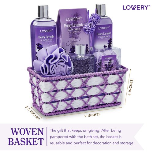 Valentines Day Gifts for Her, Bath and Body Gift Basket For Women & Men, Honey Lavender Home Spa Set with Essential Oil Diffuser, Soap Flowers, Bath Salts, Bubble Bath & More 13pc Presents for Mom