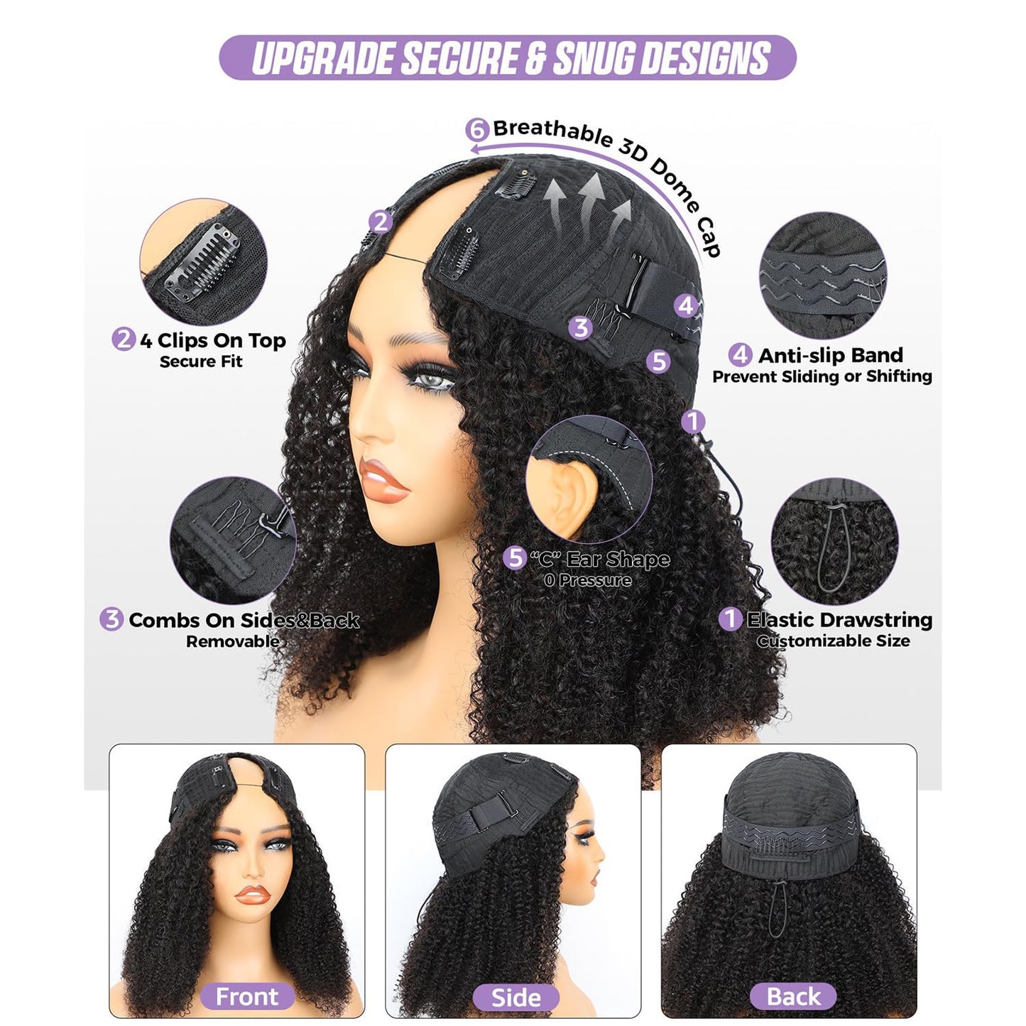 OQ Hair V Part Wig Human Hair Afro Curly Upgrade U Part With Adjustable Drawstring 180% Density V Shape Clip In Half Wig For Women Natural Color 16 Inch