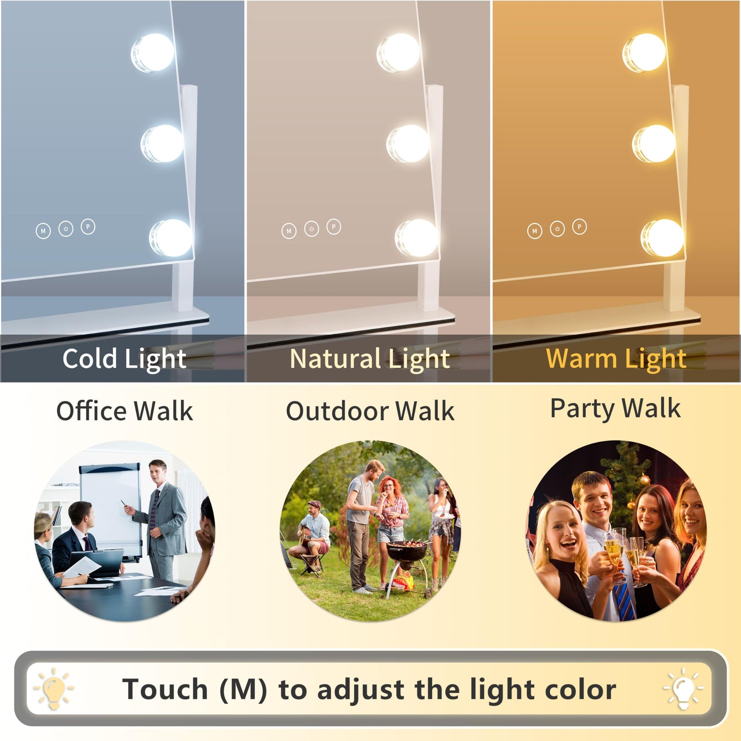 Kotdning Vanity Mirror with Lights,Lighted Vanity Mirror with 9 Dimmable Bulbs for Dressing Room & Bedroom,3 Color Lighting,Modes Detachable 10x Magnification 360°Ratation(White) 12" L x 14.4" W