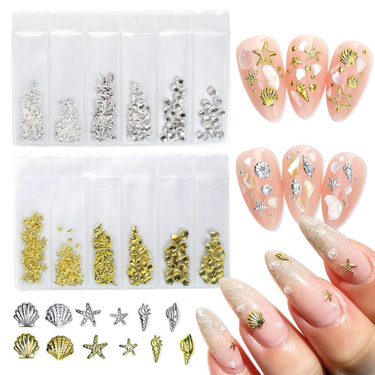 SHUXILIN 600Pcs 3D Metal Nail Charms Mixed Shapes Gold Shell Starfish Conch Alloy Nail Rivets Flat Back Gold Nail Rhinestones Metal Nail Gem Summer Beach Charm for Acrylic Nails for Women Nails Design