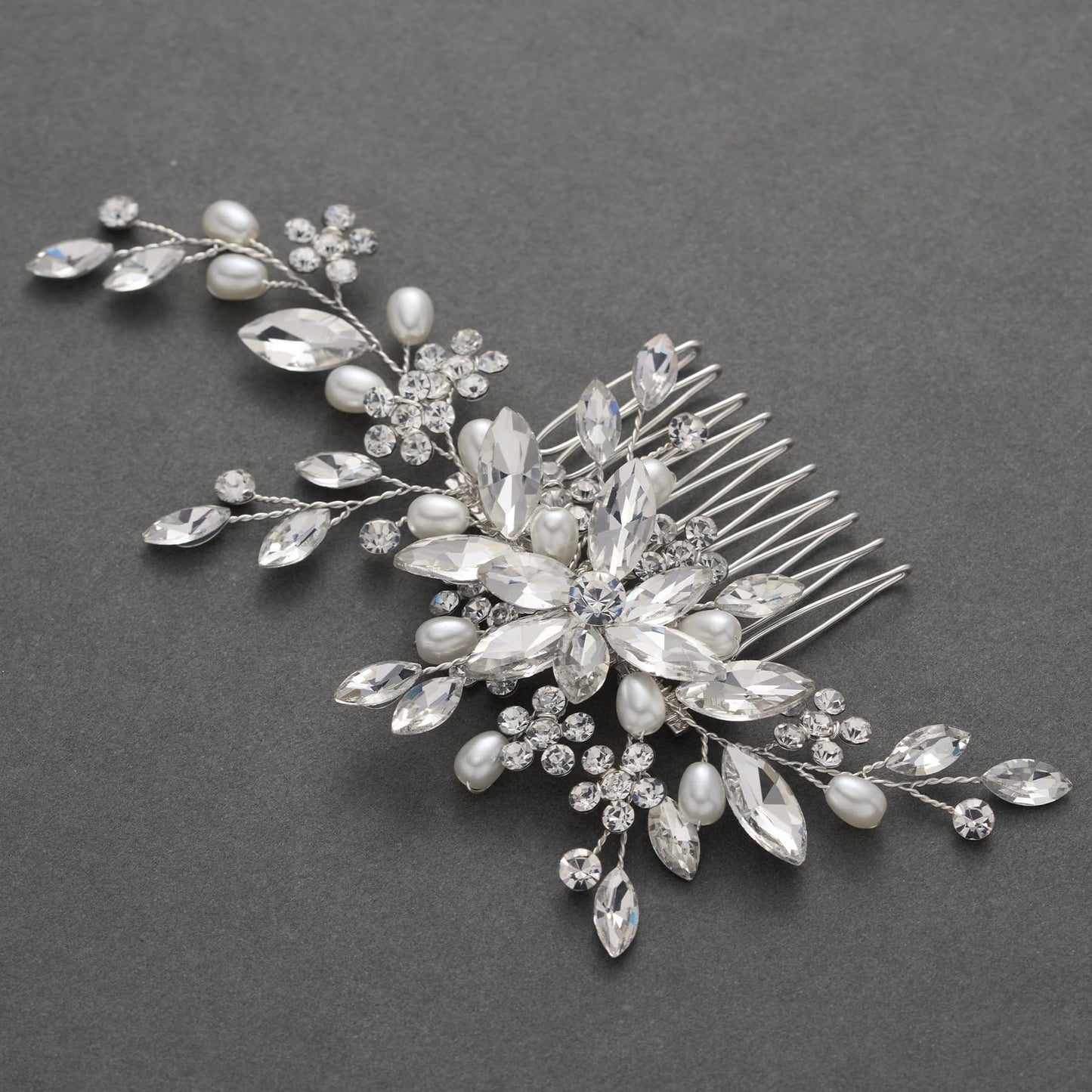 SWEETV Wedding Hair Comb Pearl Bride Hair Pins Flower Hair Piece Rhinestone Bridal Hair Accessories for Women and Girls