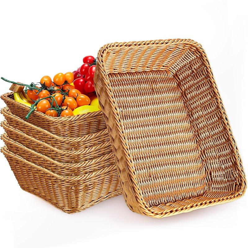 6 Pack 19-Inch Wicker Bread Baskets Set - Handwoven Polypropylene Rattan Serving Baskets