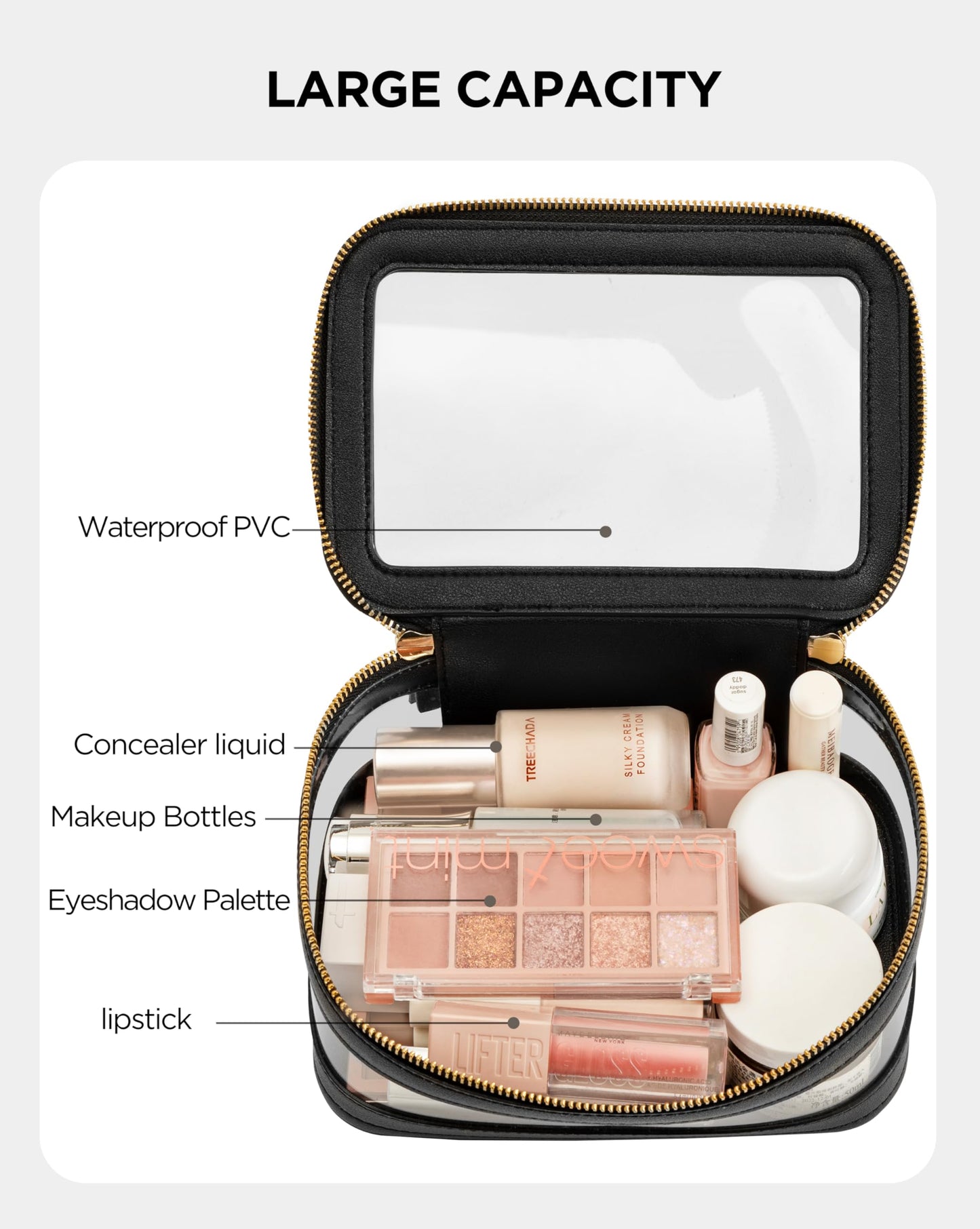 HBlife Clear Makeup Bag Organizer, Portable Travel Toiletry Cosmetic Bag Case for Women, Large Make Up Bag Makeup Train Case Transparent Storage Bag Pouch with Handle(Black)