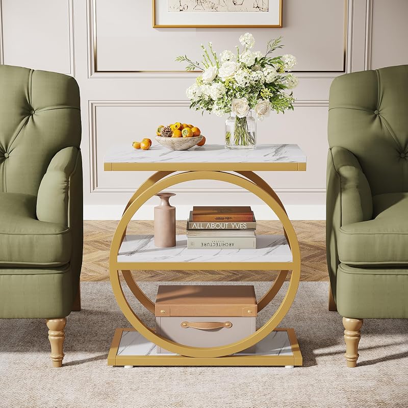 Tribesigns End Table with Storage Shelves - 3-Tier Slim Nightstand, Industrial White & Gold