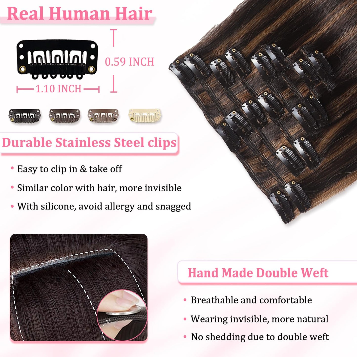 Clip in Hair Extensions Real Human Hair Seamless Balayage Human Clip ins Extensions for Women Invisible Straight 8Pcs Double Weft Dark Brown Highlight Chestnut Brown 16inch 90g
