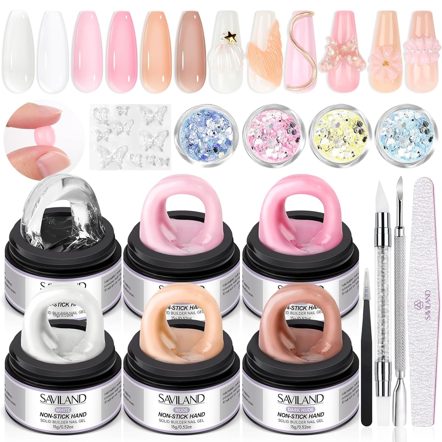 Builder Nail Gel Kit - 4 Colors (Clear, Nude, White, Pink) for Nail Extensions & 3D Sculpting - Long-Lasting Non-Sticky Hard Gel with Chrome Powder