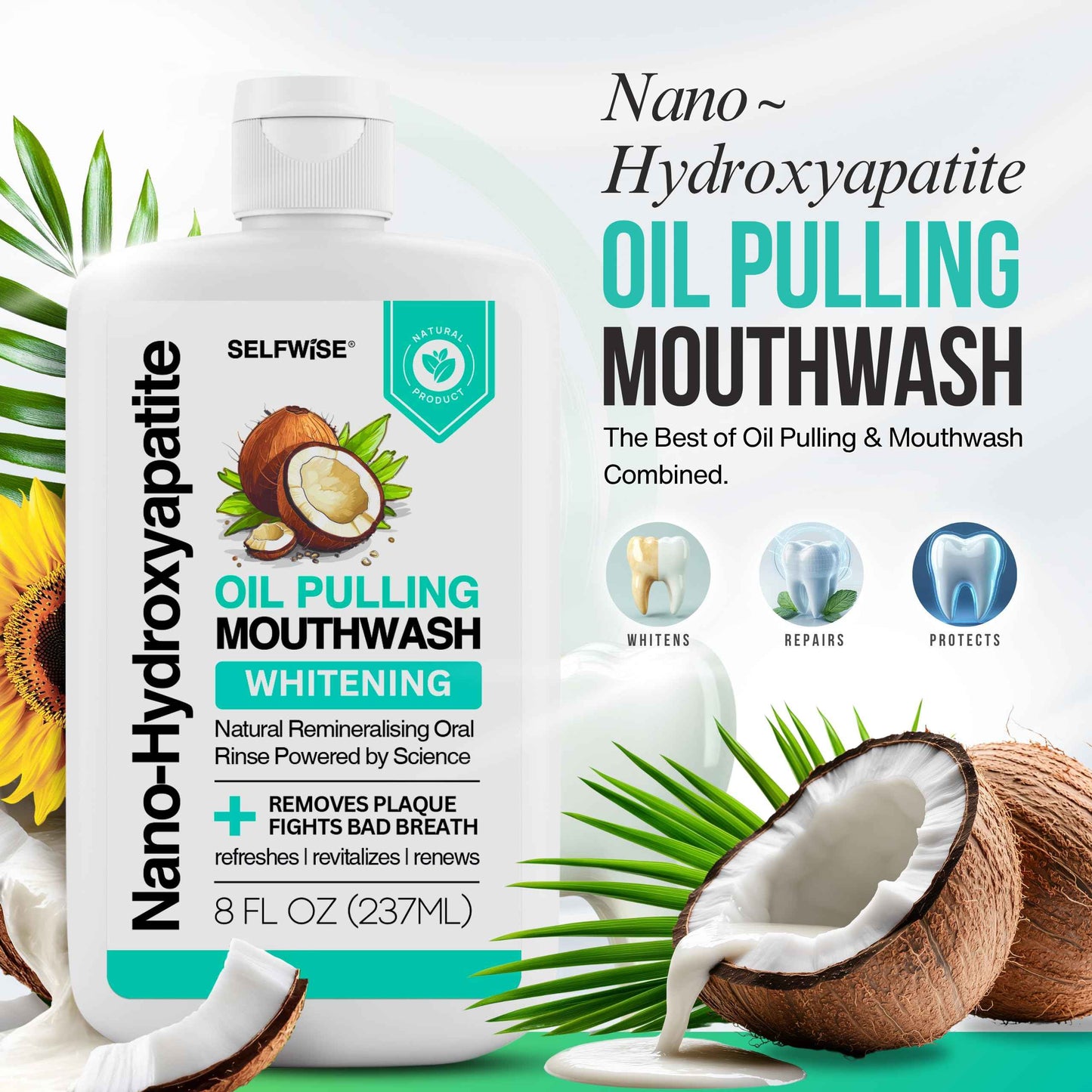 Nano-Hydroxyapatite Oil Pulling Whitening Mouthwash for Teeth and Gums, Natural & Organic, Whitens Teeth, Strengthens Enamel, Fights Bad Breath & Plaque – Smooth & Non-Greasy – for Adults & Kids 8oz