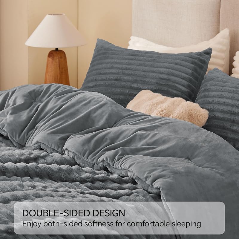 BEDELITE Grey King Comforter Set with Faux Fur, Micro-Mink & Flannel Reversible