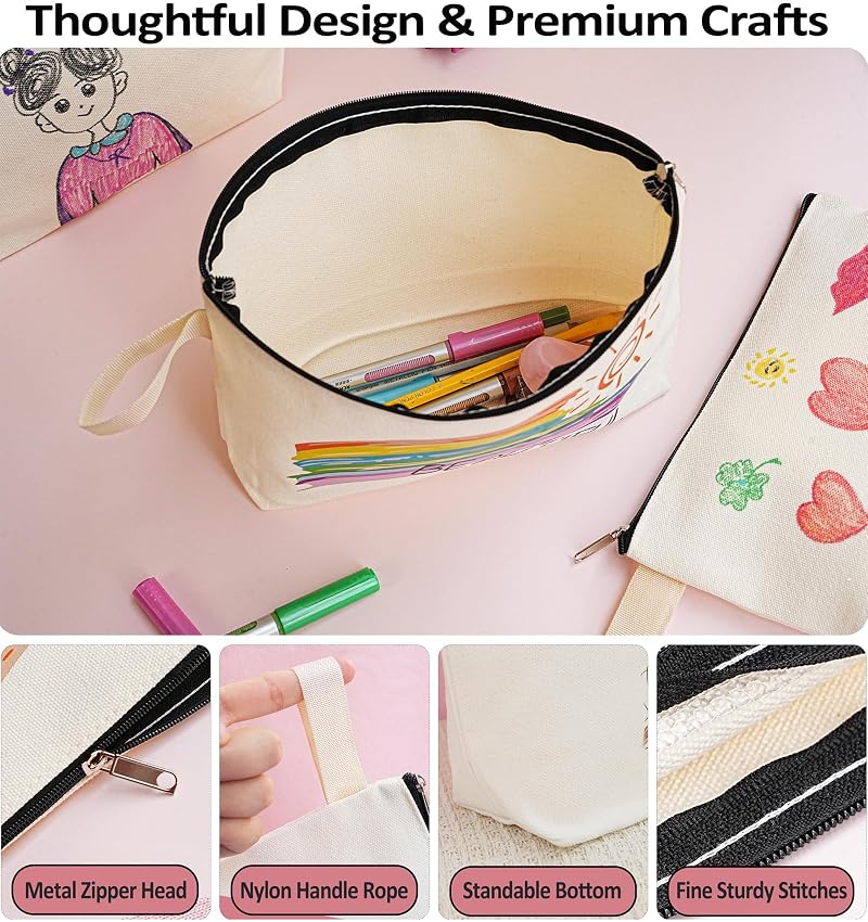 Beige 20-Pack 12oz Cotton Canvas Pouches with Zipper, Bottom & Handle - Makeup, Pens, Travel Bags (S, 9x4.7x1.5'')