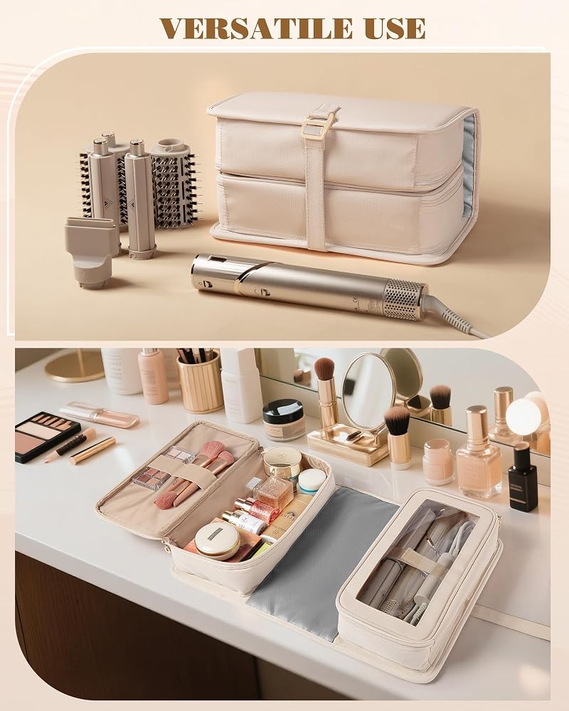 Beige Travel Hair Tools Bag with Heat-Resistant Mat & Organizer
