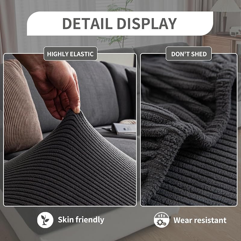 Couch Cushion Covers for L-Shaped Sofa 4Pcs Dark Gray Striped Pattern S+Chaise Cover