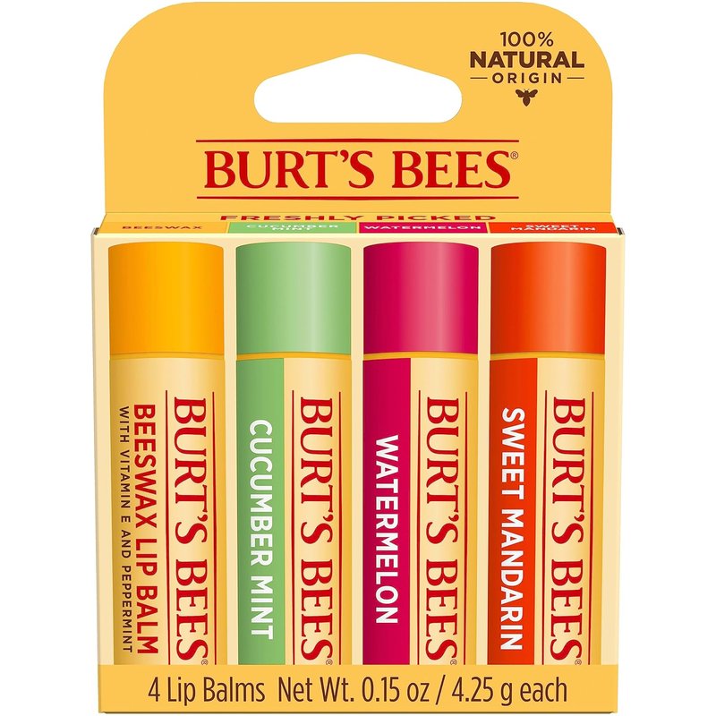Burt's Bees Lip Balm - Original Beeswax, Cucumber Mint, Watermelon & Sweet Mandarin, With Responsibly Sourced Beeswax, Tint-Free, Natural Origin Treatment, 4 Tubes, 0.15 oz.