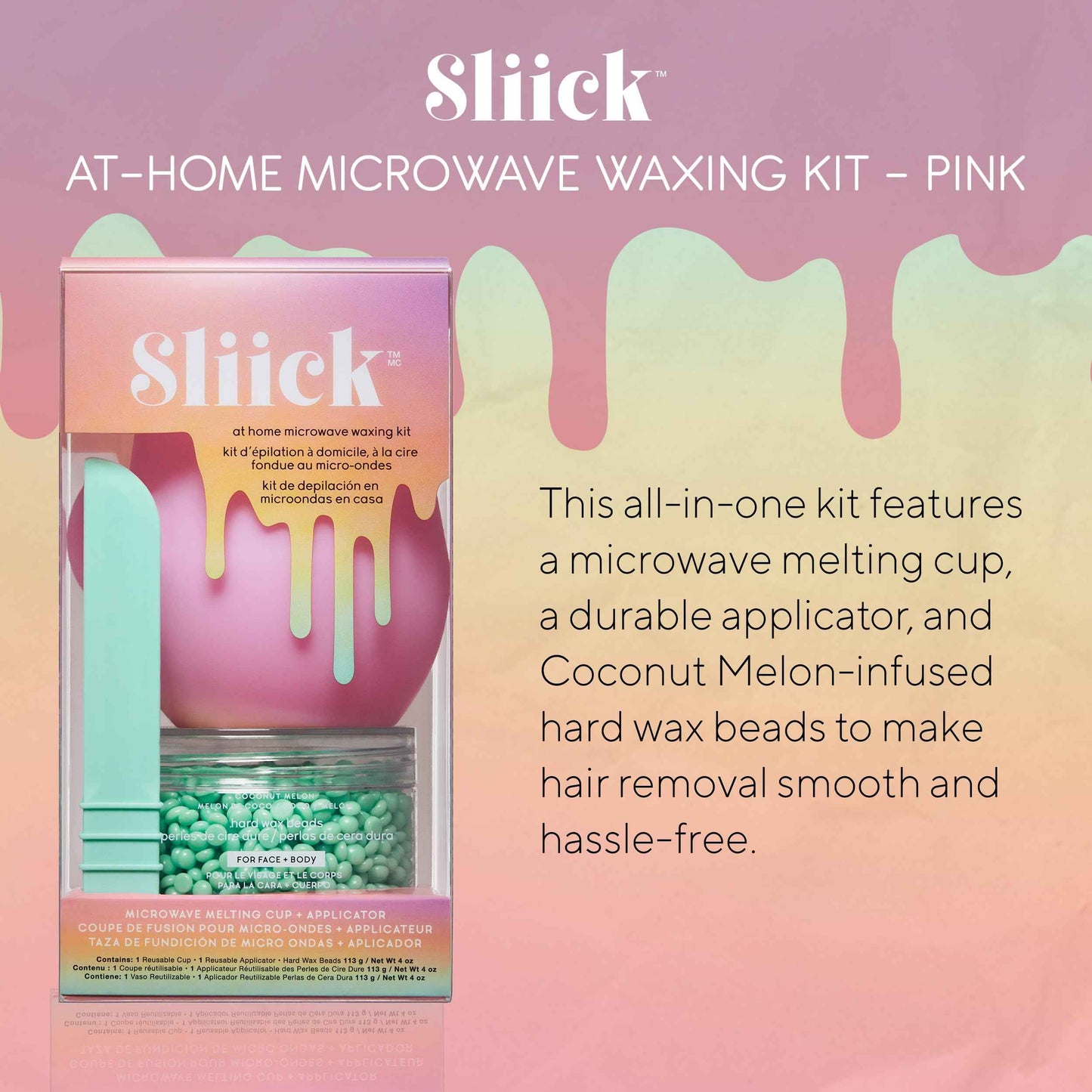 Sliick At Home Waxing Kit for Women, Pink – Coconut Melon, Hard Wax Kit for Hair Removal, Microwave Melting Cup, Applicator & Beads, At Home Wax Set