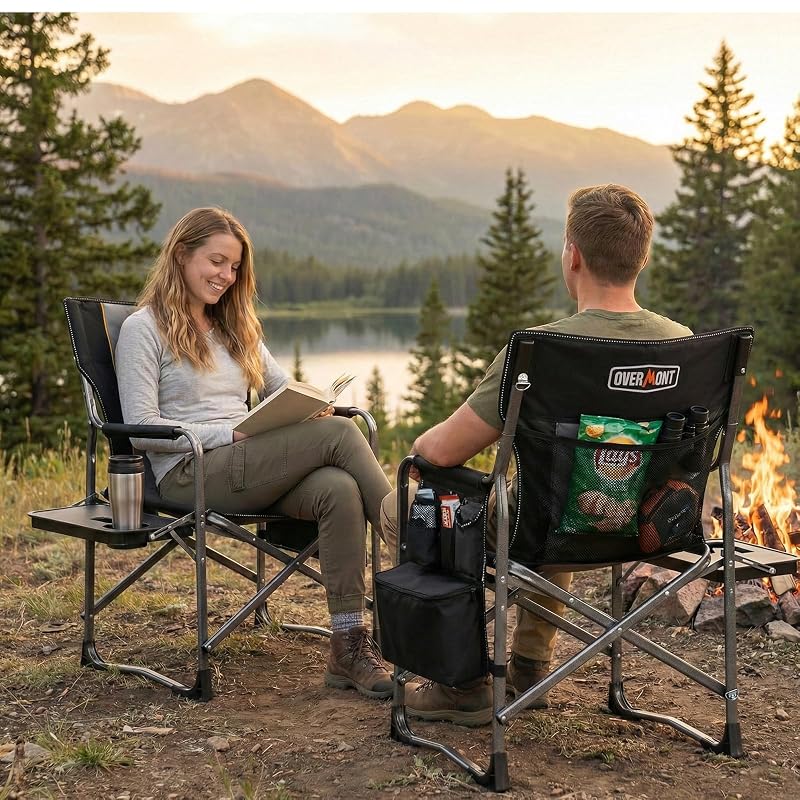 Overmont 2 Pack Folding Camping Chairs with Side Tables - 400 lb Capacity, Black/Gray (Variation: Blackgrey+2)